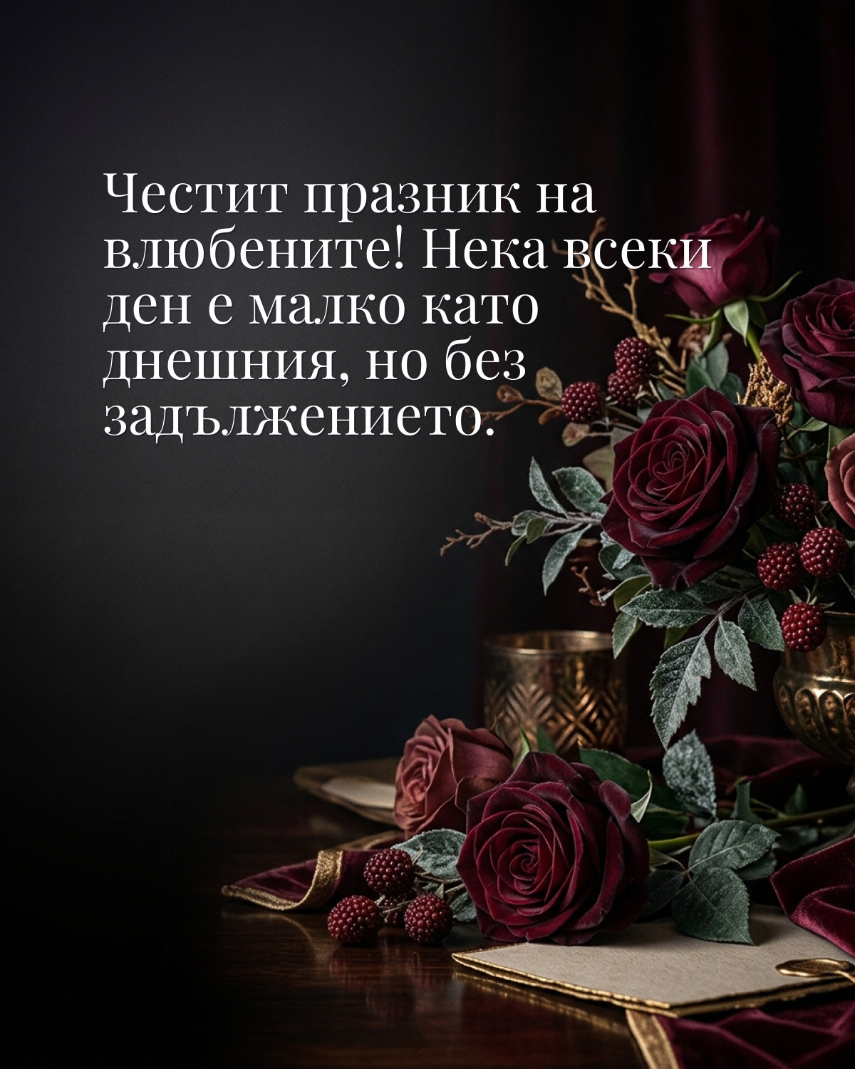 Картичка за любов: „Честит празник на влюбените! Нека всеки ден е малко като днешния, но без задължението“