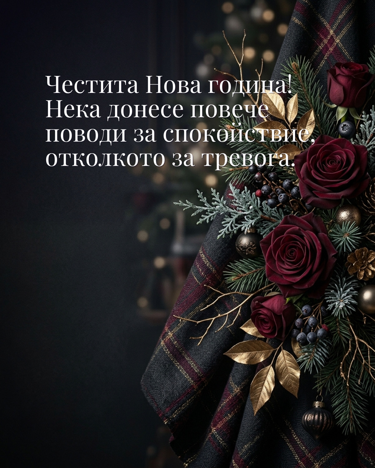 Картичка за Нова година: „Честита Нова година! Нека донесе повече поводи за спокойствие, отколкото за тревога“