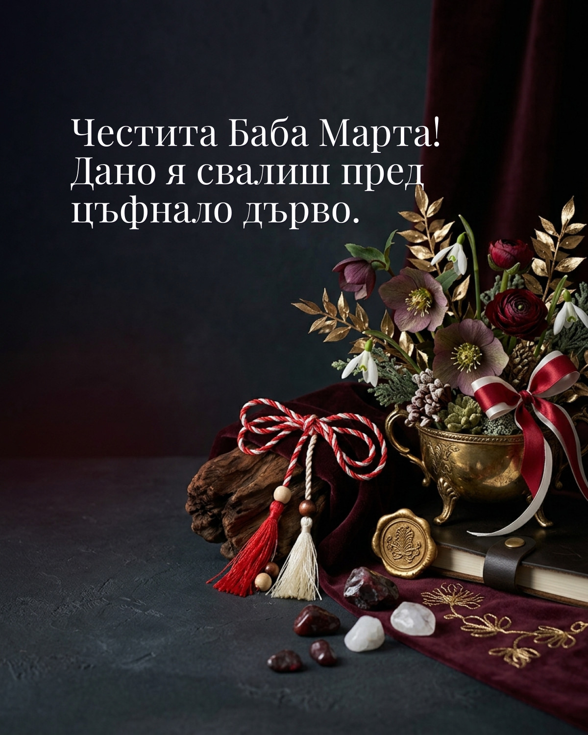 Картичка за Баба Марта: „Честита Баба Марта! Дано я свалиш пред цъфнало дърво“