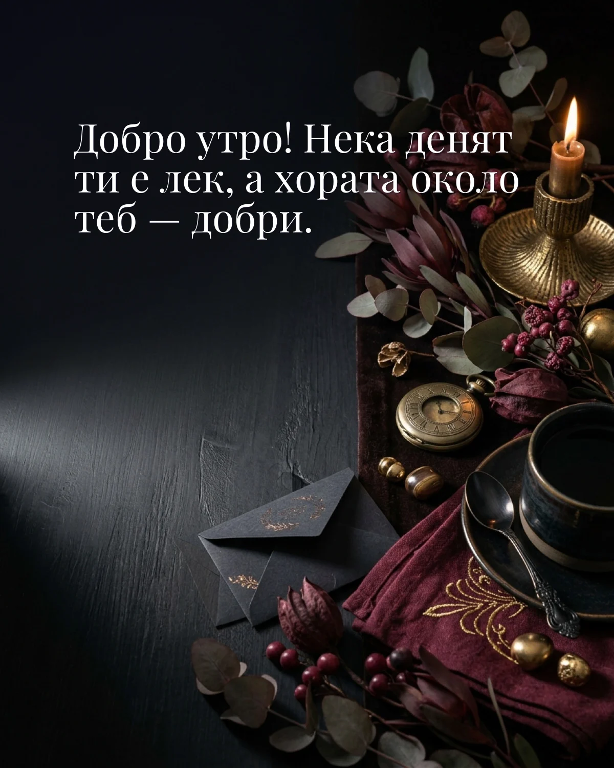 Картичка за добро утро: „Добро утро! Нека денят ти е лек, а хората около теб — добри“