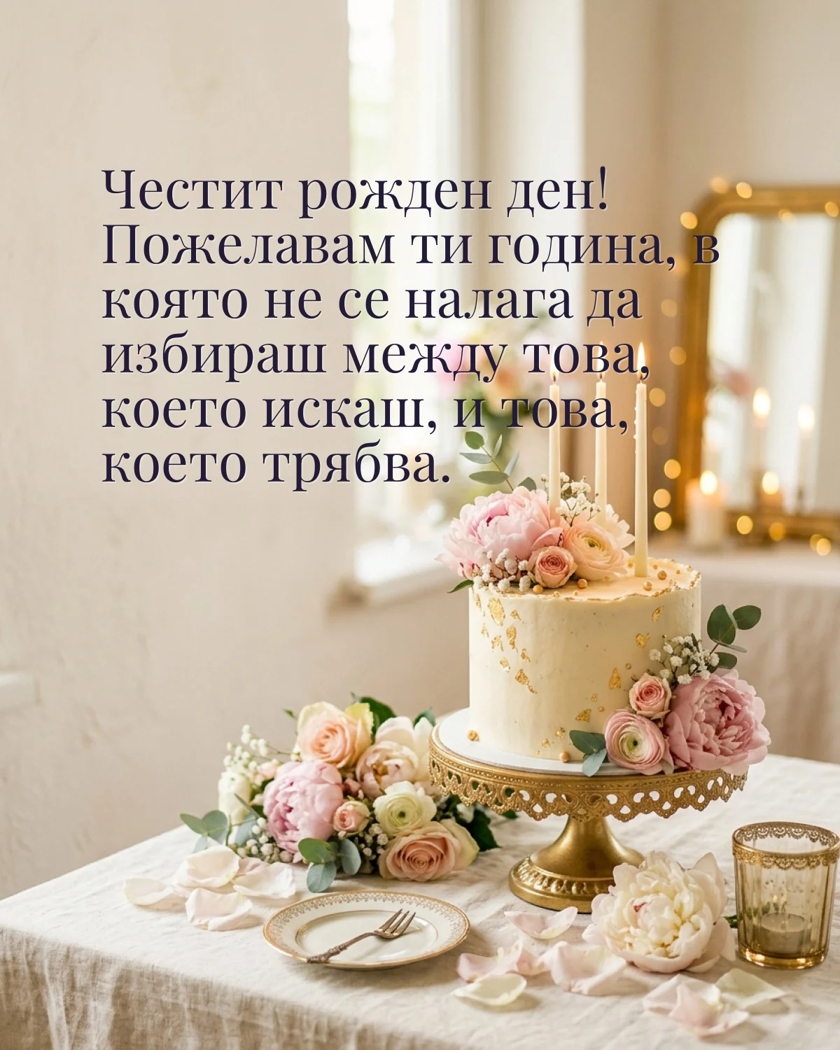Картичка за рожден ден на жена: „Честит рожден ден! Пожелавам ти година, в която не се налага да избираш между това, което искаш, и това“