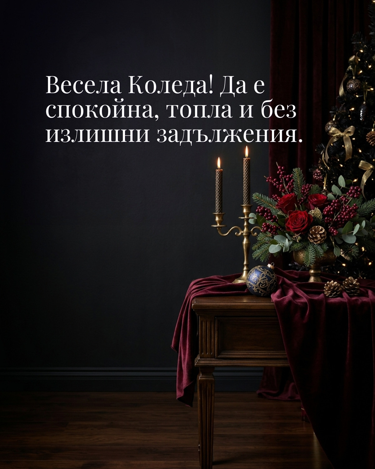 Картичка за Бъдни вечер: „Весела Коледа! Да е спокойна, топла и без излишни задължения“