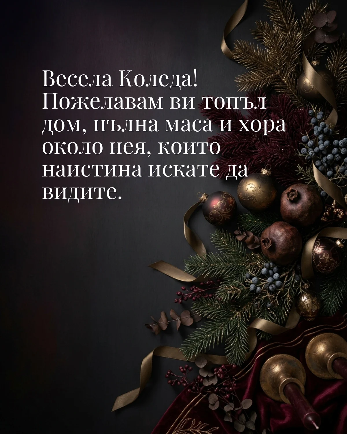 Картичка за Коледа: „Весела Коледа! Пожелавам ви топъл дом, пълна маса и хора около нея, които наистина искате да видите“