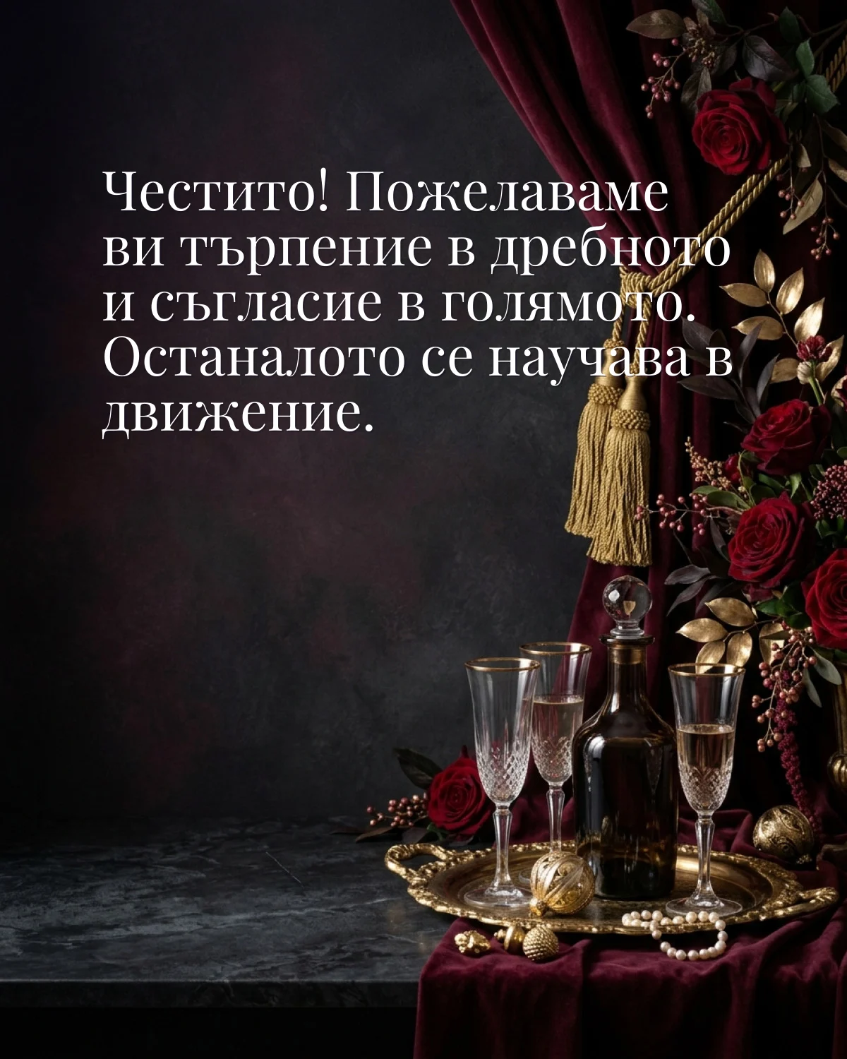 Картичка за сватба: „Честито! Пожелаваме ви търпение в дребното и съгласие в голямото. Останалото се научава в движение“