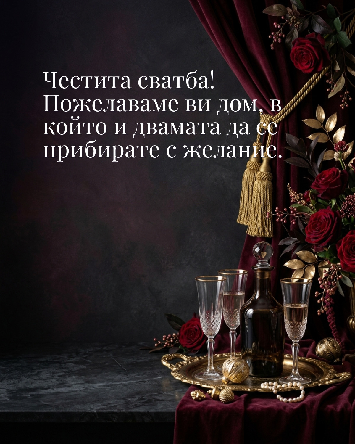 Картичка за сватба: „Честита сватба! Пожелаваме ви дом, в който и двамата да се прибирате с желание“
